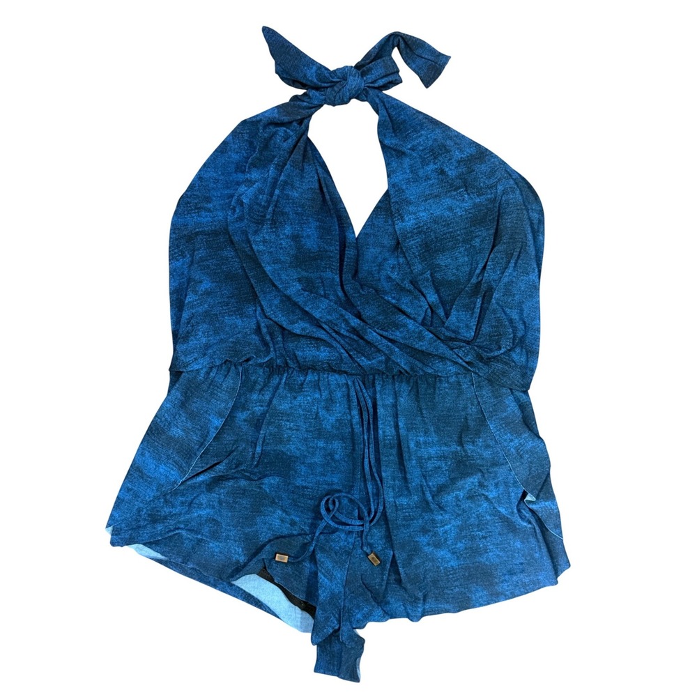 Magicsuit Blue Abstract Halter One Piece Swim Romper Size 16 Tummy Control